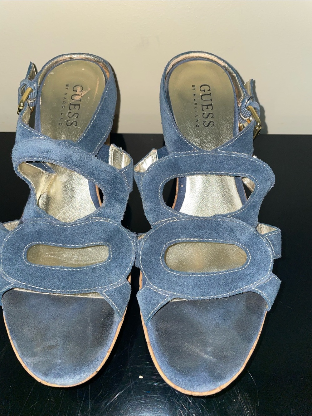 GUESS Blue Suede Strappy Open-Toe Sandals with Gold Buckles | 6.5